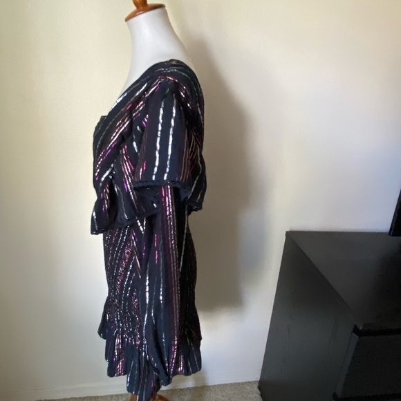 Farm Rio Women’s Lurex Stripes Mini Dress Black Size S Smocked One Sleeve Mini - Picture 3 of 11